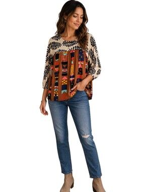 Ivy Jane Abstract Cityscape & Leaf Print 100% Viscose Blouse XS